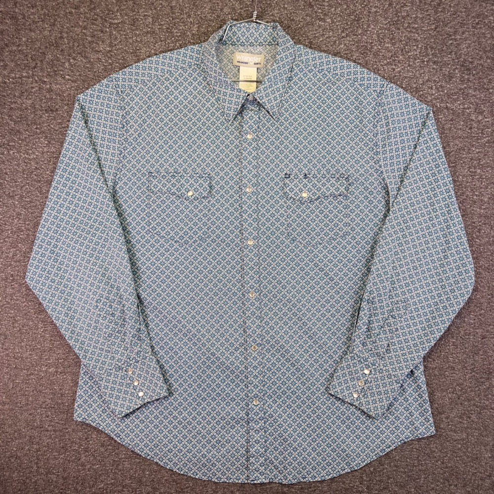 Wrangler Wrancher Shirt Mens XL Teal Geometric Pearl Snap Western Casual MTW1465